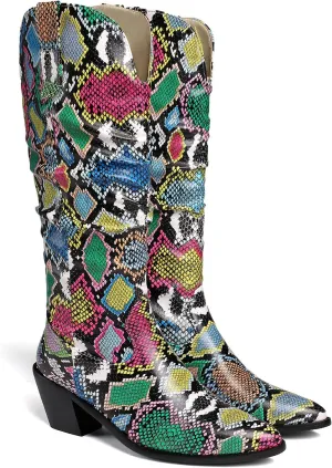 LEHOOR Women Knee High Western Boots Snakeskin Stacked Heel Pointed Toe Knee High Boots Cowboy Mid Calf 3” Chunky Heel Slouch Long Boots Pull On Animal Print Tall Boots Sexy Party Club Party 4-13 M US