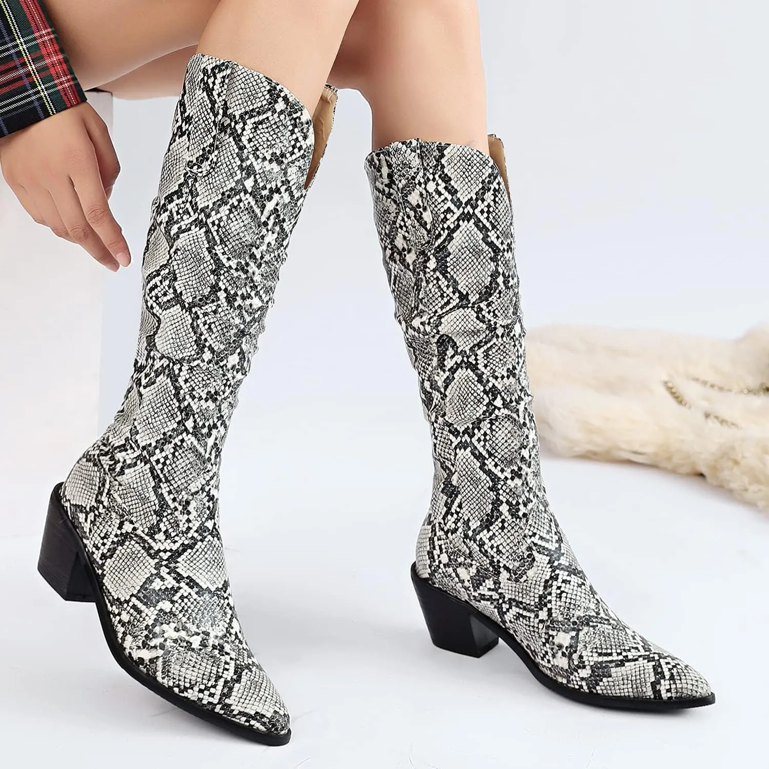 LEHOOR Women Knee High Western Boots Snakeskin Stacked Heel Pointed Toe Knee High Boots Cowboy Mid Calf 3” Chunky Heel Slouch Long Boots Pull On Animal Print Tall Boots Sexy Party Club Party 4-13 M US