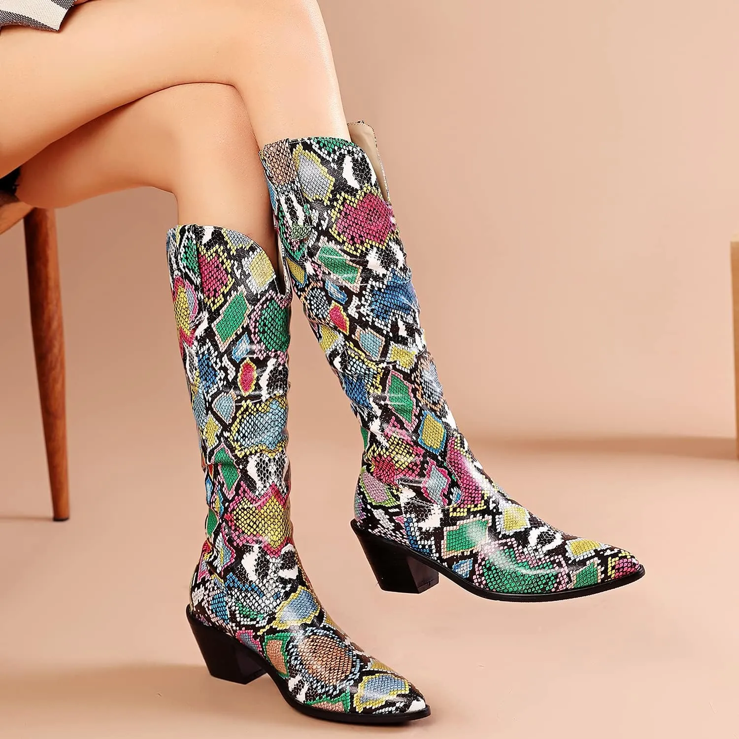 LEHOOR Women Knee High Western Boots Snakeskin Stacked Heel Pointed Toe Knee High Boots Cowboy Mid Calf 3” Chunky Heel Slouch Long Boots Pull On Animal Print Tall Boots Sexy Party Club Party 4-13 M US