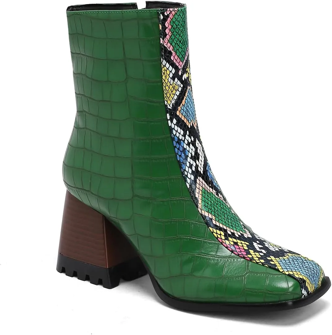 LEHOOR Women Square Toe Ankle Boots Chunky Block Heel Side Zipper Sock Booties Crocodile Snakeskin Two-Toned Combat Boots Patchwork Multicolored Fall Dress Boot Chic Fashion Party Work 4-15 M US