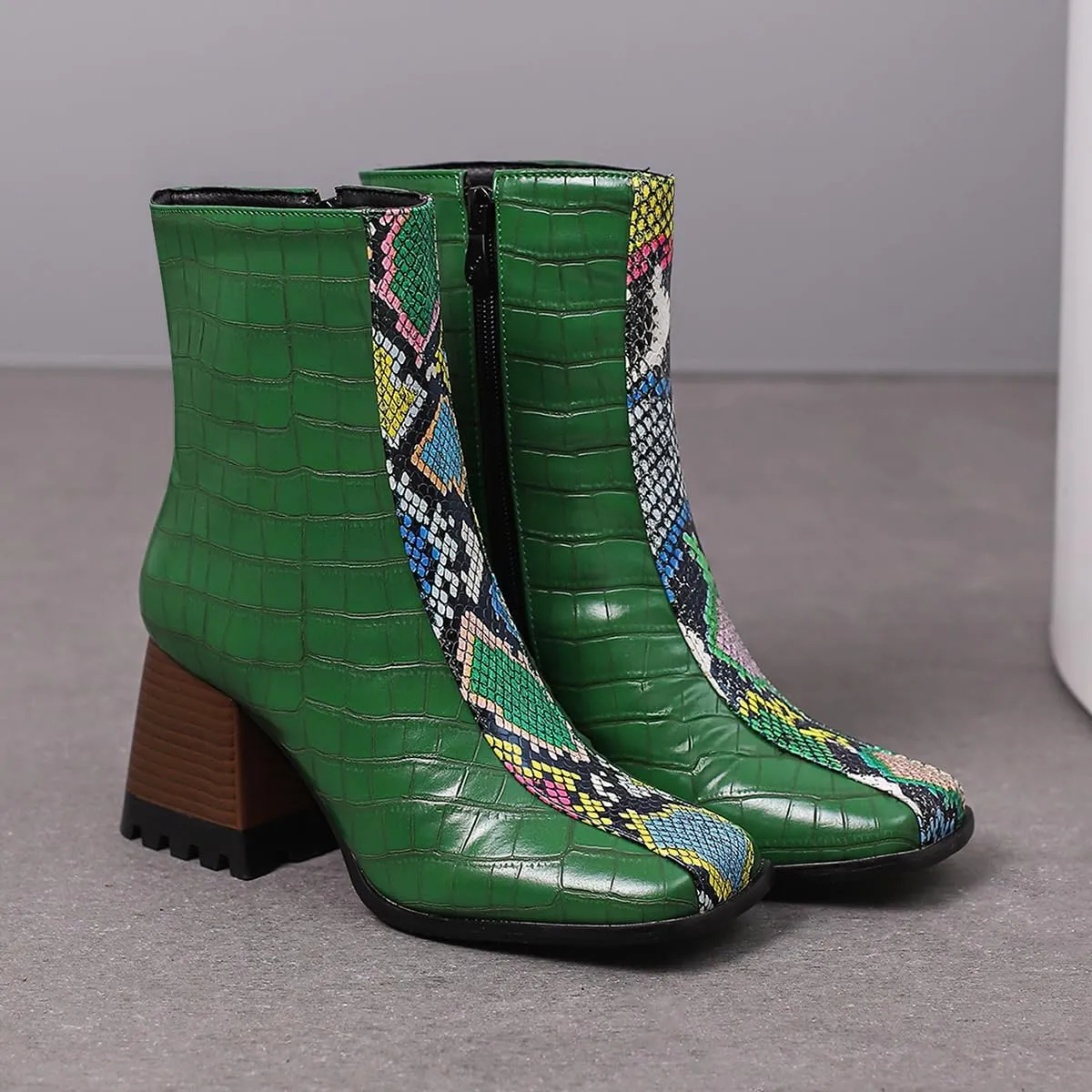 LEHOOR Women Square Toe Ankle Boots Chunky Block Heel Side Zipper Sock Booties Crocodile Snakeskin Two-Toned Combat Boots Patchwork Multicolored Fall Dress Boot Chic Fashion Party Work 4-15 M US