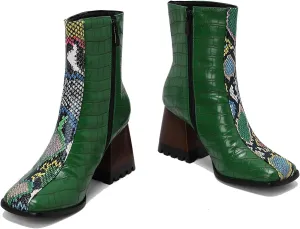 LEHOOR Women Square Toe Ankle Boots Chunky Block Heel Side Zipper Sock Booties Crocodile Snakeskin Two-Toned Combat Boots Patchwork Multicolored Fall Dress Boot Chic Fashion Party Work 4-15 M US