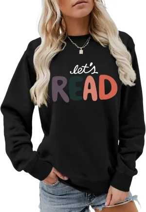 Let's Read Sweatshirt, Funny Librarian Shirts Women Bookish Teacher Crewneck Pullover Top Book Lovers Gift Shirt