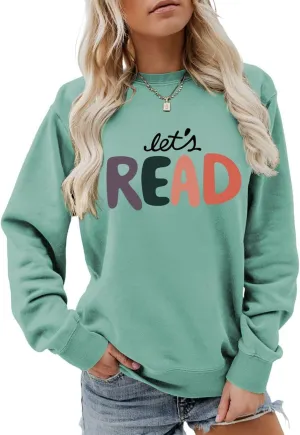 Let's Read Sweatshirt, Funny Librarian Shirts Women Bookish Teacher Crewneck Pullover Top Book Lovers Gift Shirt