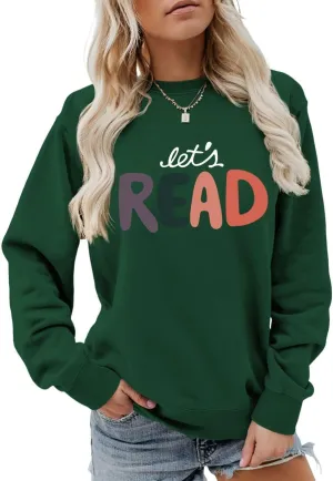 Let's Read Sweatshirt, Funny Librarian Shirts Women Bookish Teacher Crewneck Pullover Top Book Lovers Gift Shirt