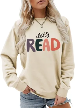Let's Read Sweatshirt, Funny Librarian Shirts Women Bookish Teacher Crewneck Pullover Top Book Lovers Gift Shirt