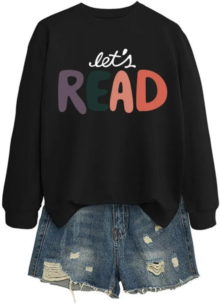 Let's Read Sweatshirt, Funny Librarian Shirts Women Bookish Teacher Crewneck Pullover Top Book Lovers Gift Shirt