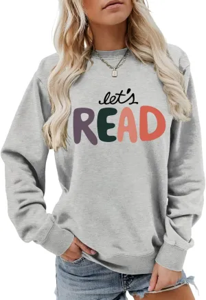 Let's Read Sweatshirt, Funny Librarian Shirts Women Bookish Teacher Crewneck Pullover Top Book Lovers Gift Shirt