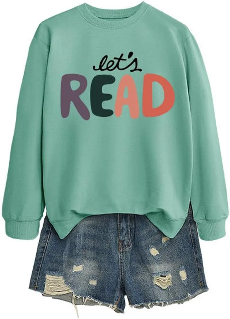 Let's Read Sweatshirt, Funny Librarian Shirts Women Bookish Teacher Crewneck Pullover Top Book Lovers Gift Shirt