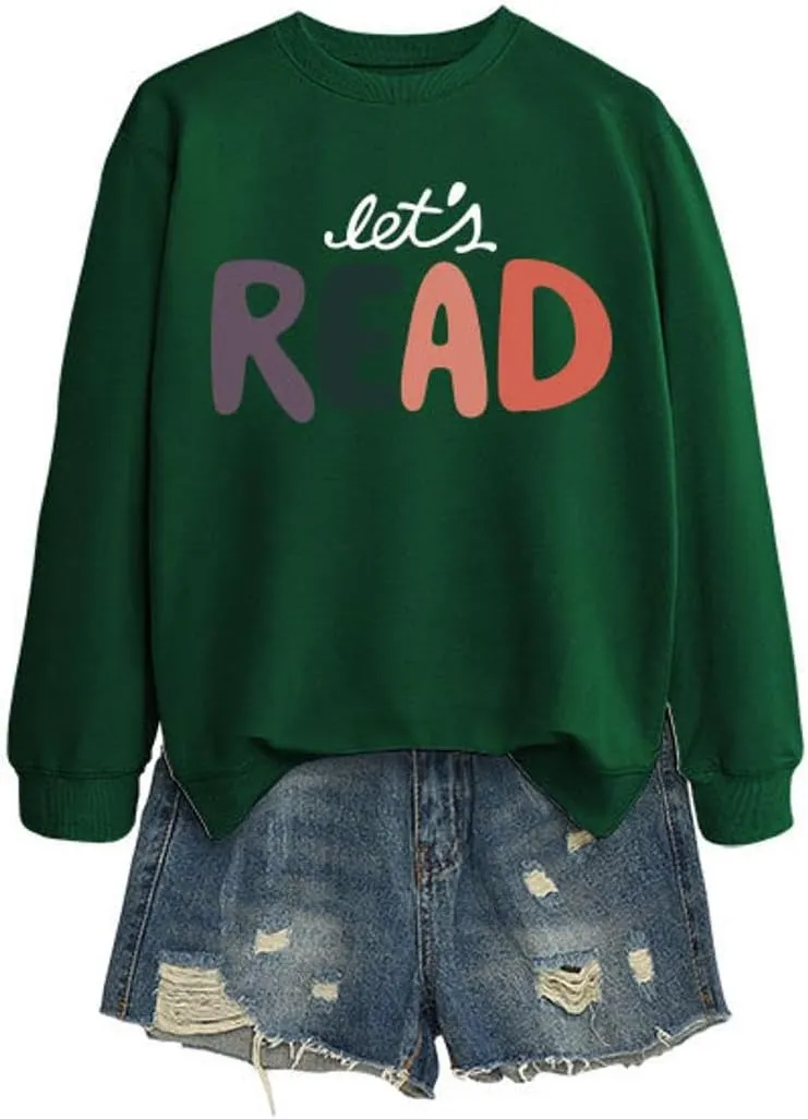 Let's Read Sweatshirt, Funny Librarian Shirts Women Bookish Teacher Crewneck Pullover Top Book Lovers Gift Shirt