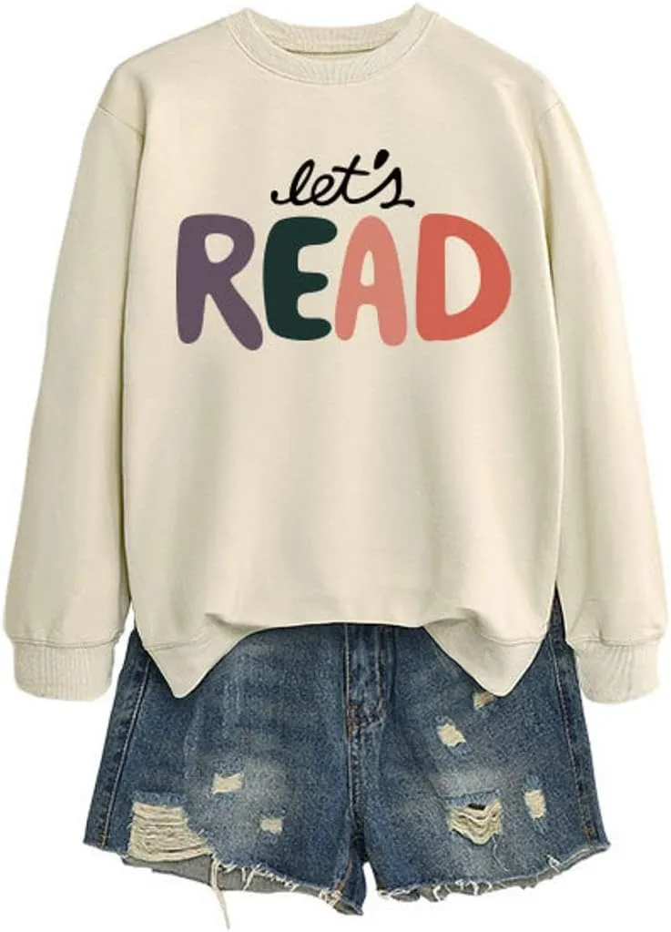 Let's Read Sweatshirt, Funny Librarian Shirts Women Bookish Teacher Crewneck Pullover Top Book Lovers Gift Shirt
