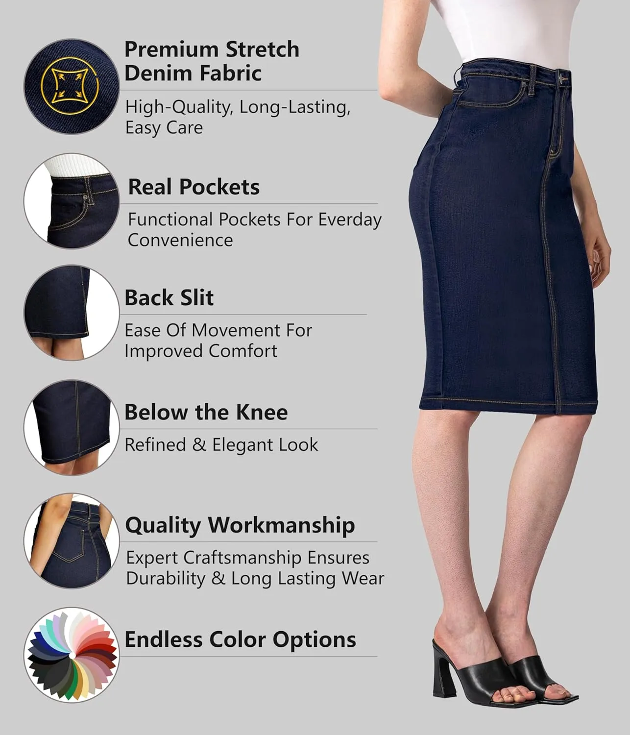 Lexi Womens Super Comfy Stretch Denim Skirt