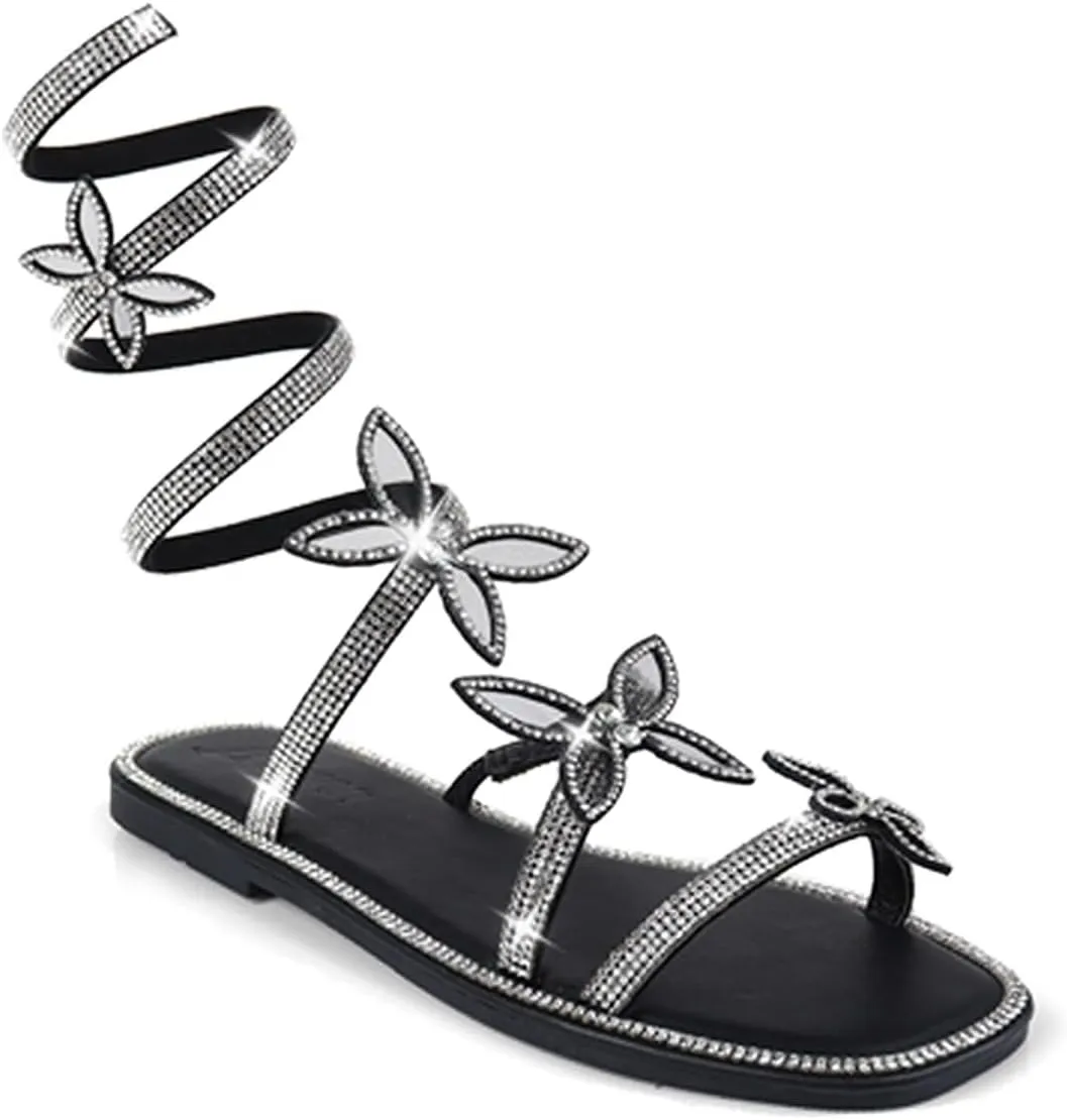 Liliana Women Butterfly Rhinestone Wrap-around Flat Sandals Flat Butterfly Sandals, 6 Narrow