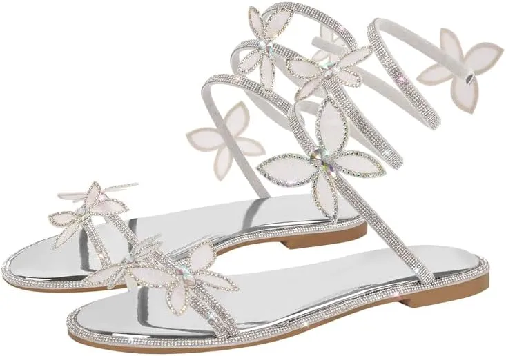 LISHAN Women's Diamante Butterflies Straps Slingback Wrap Around Ankle Flats Sandals