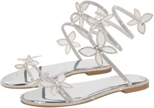 LISHAN Women's Diamante Butterflies Straps Slingback Wrap Around Ankle Flats Sandals