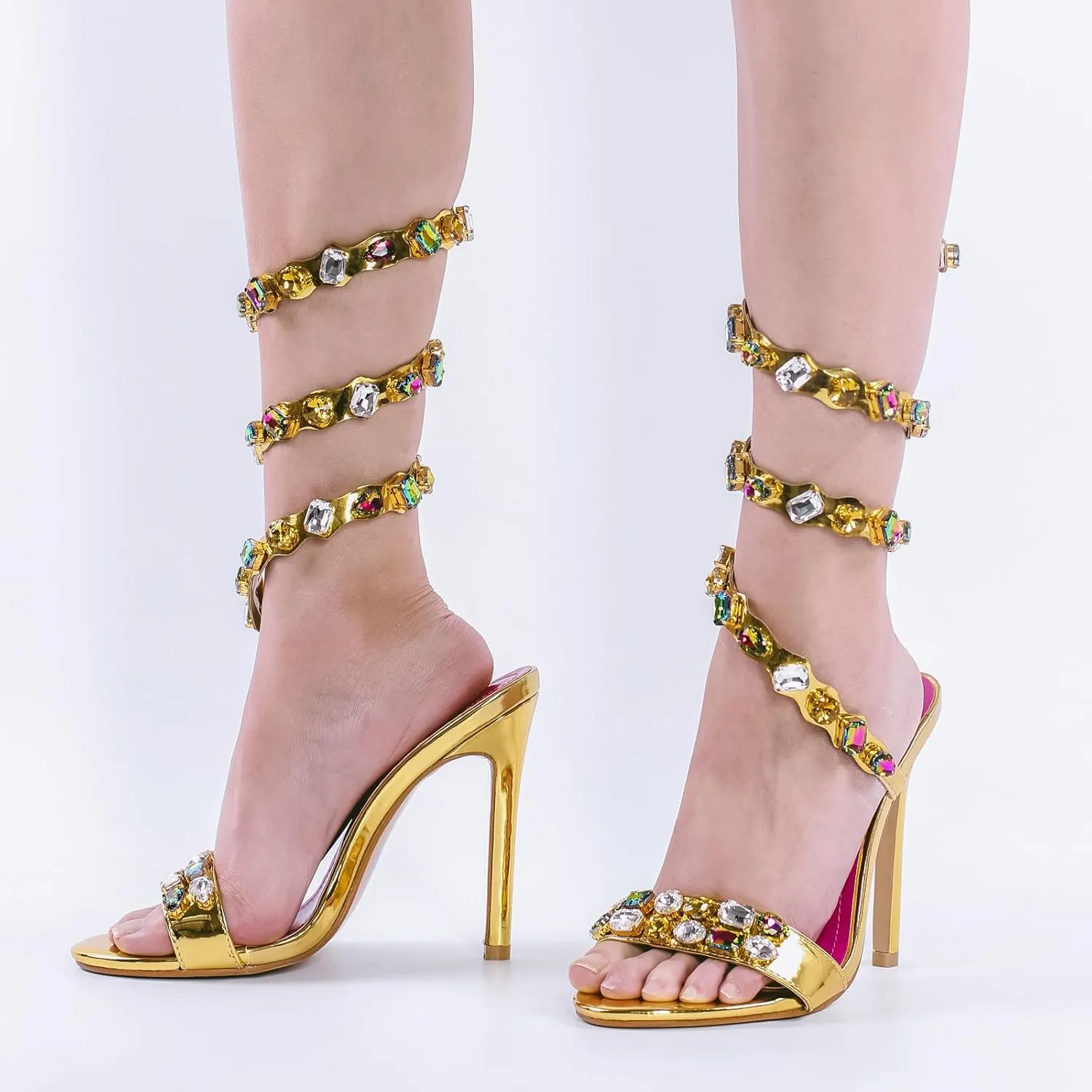 LISHAN Women's Diamante Rhinestones Studded Stilettos Ankle Wrap High Heels