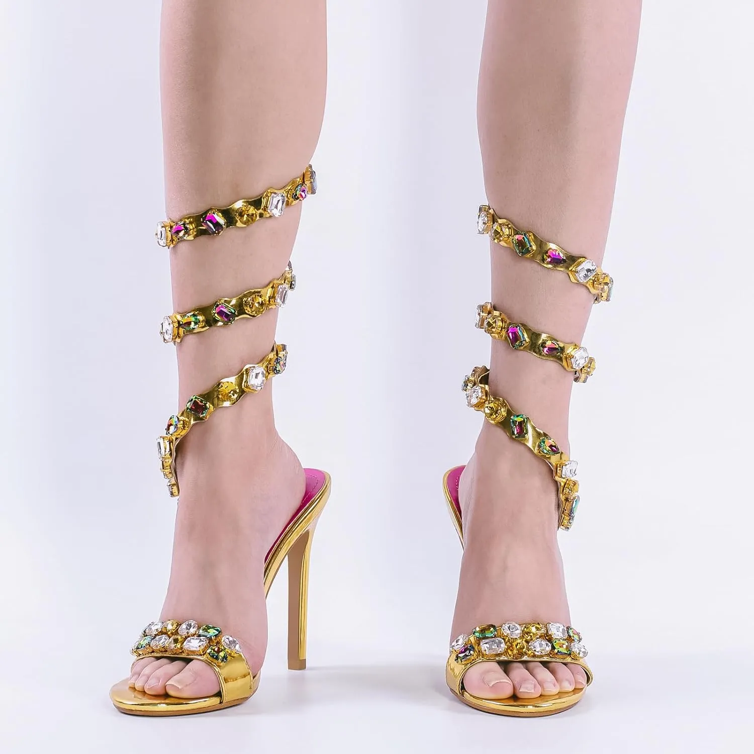 LISHAN Women's Diamante Rhinestones Studded Stilettos Ankle Wrap High Heels