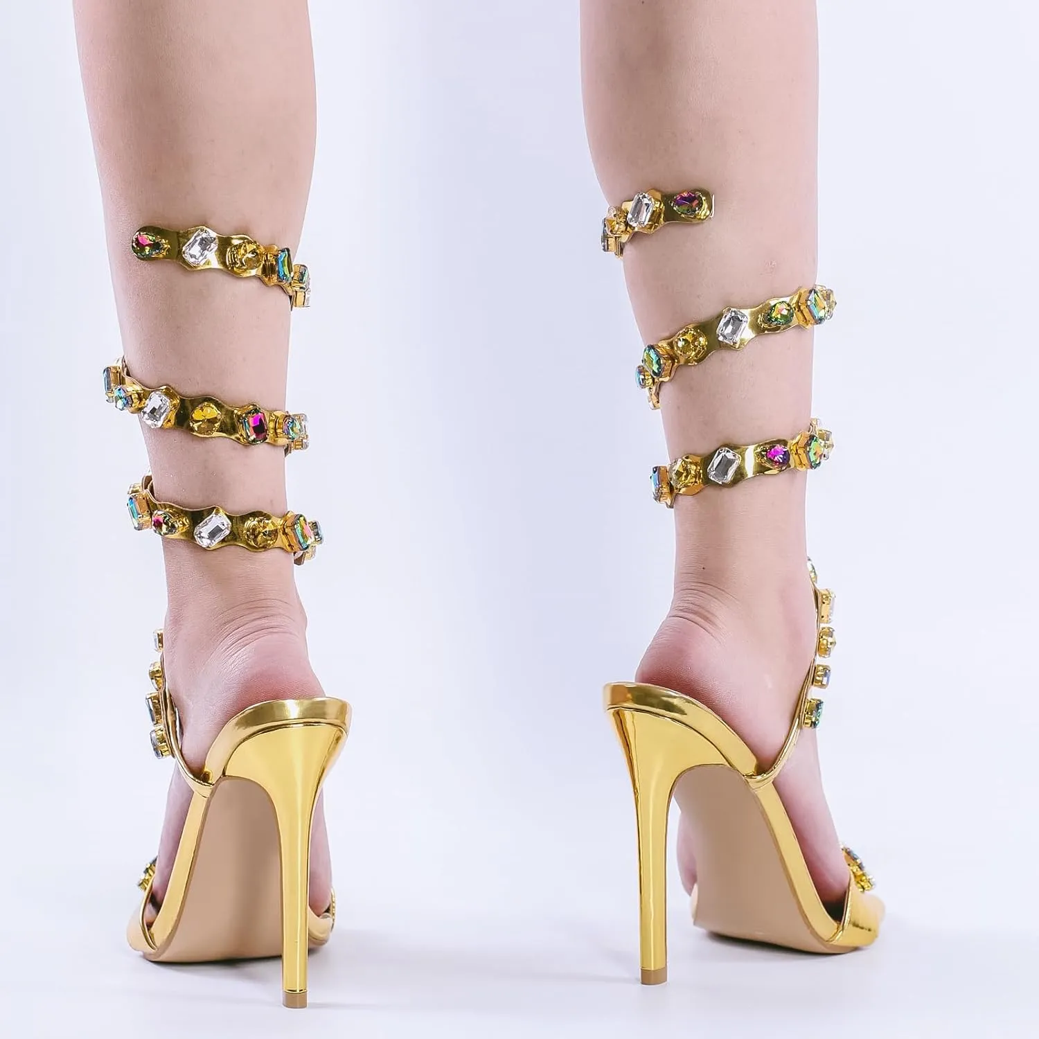 LISHAN Women's Diamante Rhinestones Studded Stilettos Ankle Wrap High Heels