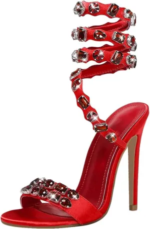 LISHAN Women's Diamante Rhinestones Studded Stilettos Ankle Wrap High Heels