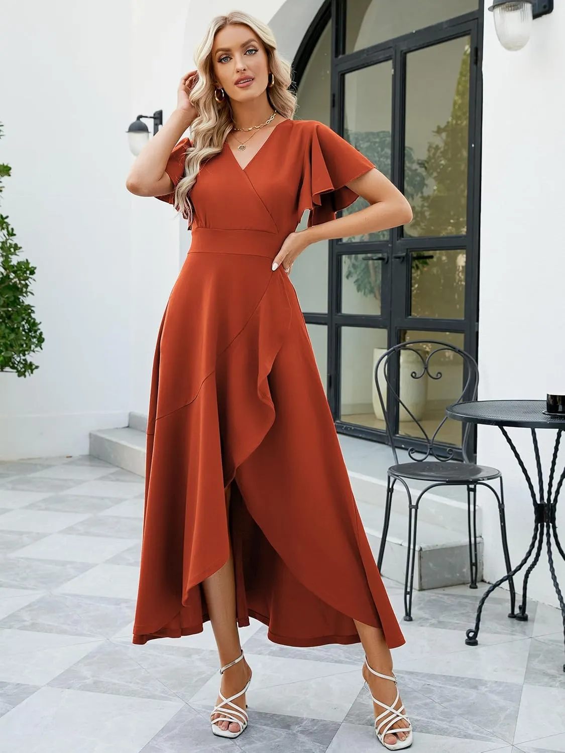 Long Black Formal Dresses for Women Gowns Evening Party Cocktail Dress,Split Elegant V Neck Wrap Ruffle Wedding Guest Dresses