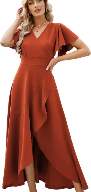 Long Black Formal Dresses for Women Gowns Evening Party Cocktail Dress,Split Elegant V Neck Wrap Ruffle Wedding Guest Dresses