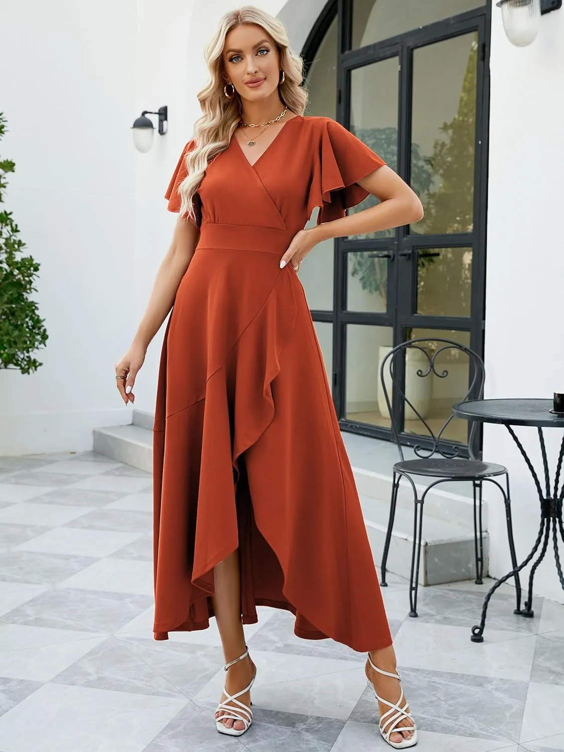 Long Black Formal Dresses for Women Gowns Evening Party Cocktail Dress,Split Elegant V Neck Wrap Ruffle Wedding Guest Dresses