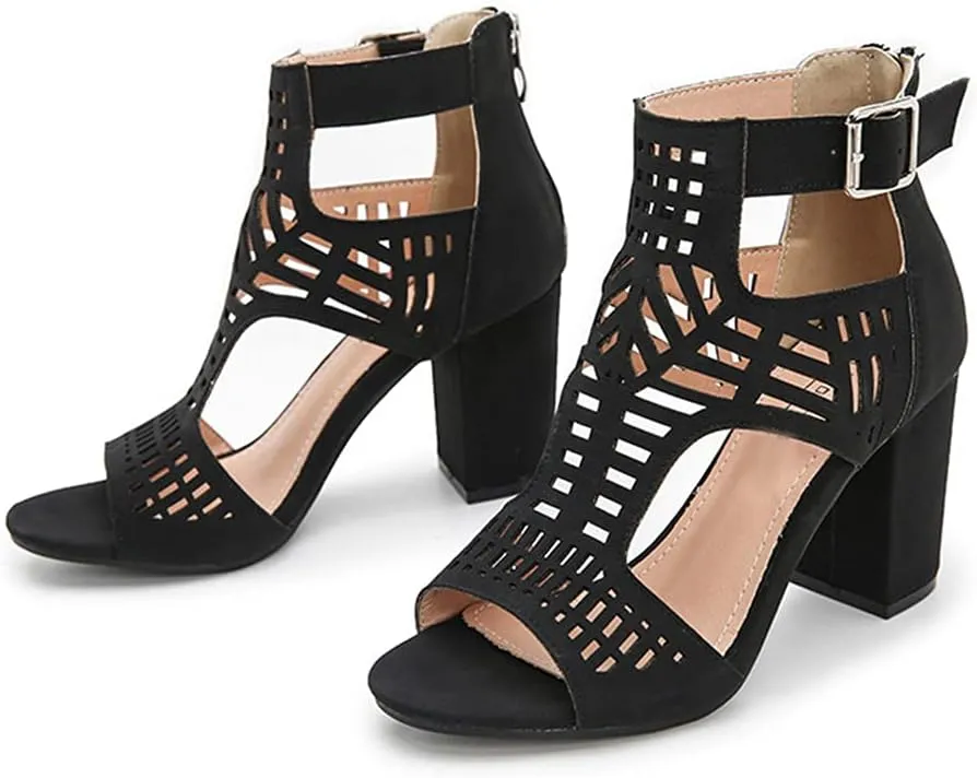 Lutalica W Women’s Sexy Ankle Strap Cutout Open Toe Chunky Heel Sandals Zip Up Block Heel Peep Toe Summer Booties with Buckle
