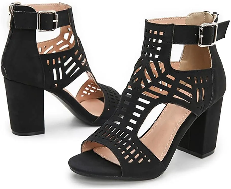 Lutalica W Women’s Sexy Ankle Strap Cutout Open Toe Chunky Heel Sandals Zip Up Block Heel Peep Toe Summer Booties with Buckle