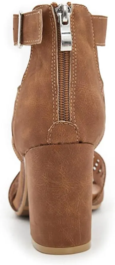 Lutalica W Women’s Sexy Ankle Strap Cutout Open Toe Chunky Heel Sandals Zip Up Block Heel Peep Toe Summer Booties with Buckle