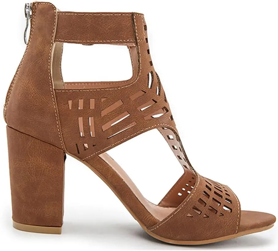 Lutalica W Women’s Sexy Ankle Strap Cutout Open Toe Chunky Heel Sandals Zip Up Block Heel Peep Toe Summer Booties with Buckle