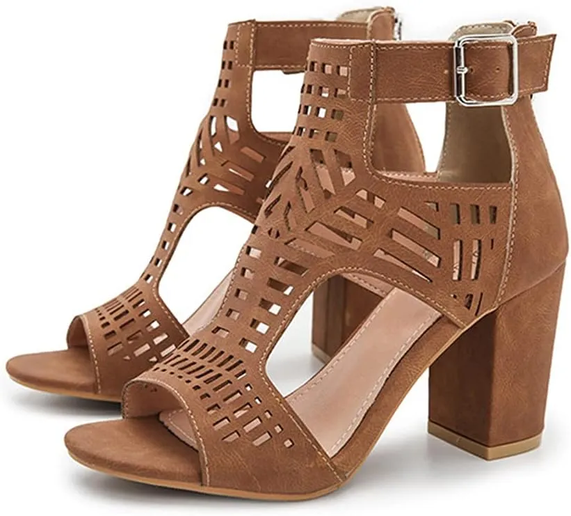 Lutalica W Women’s Sexy Ankle Strap Cutout Open Toe Chunky Heel Sandals Zip Up Block Heel Peep Toe Summer Booties with Buckle