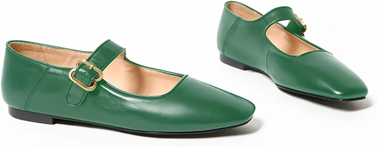 Lutalica W Women's Spring-Summer Square Toe Matte Leather Comfort Vintage Ankle Strap Dress Mary Jane Ballet Flats Shoes