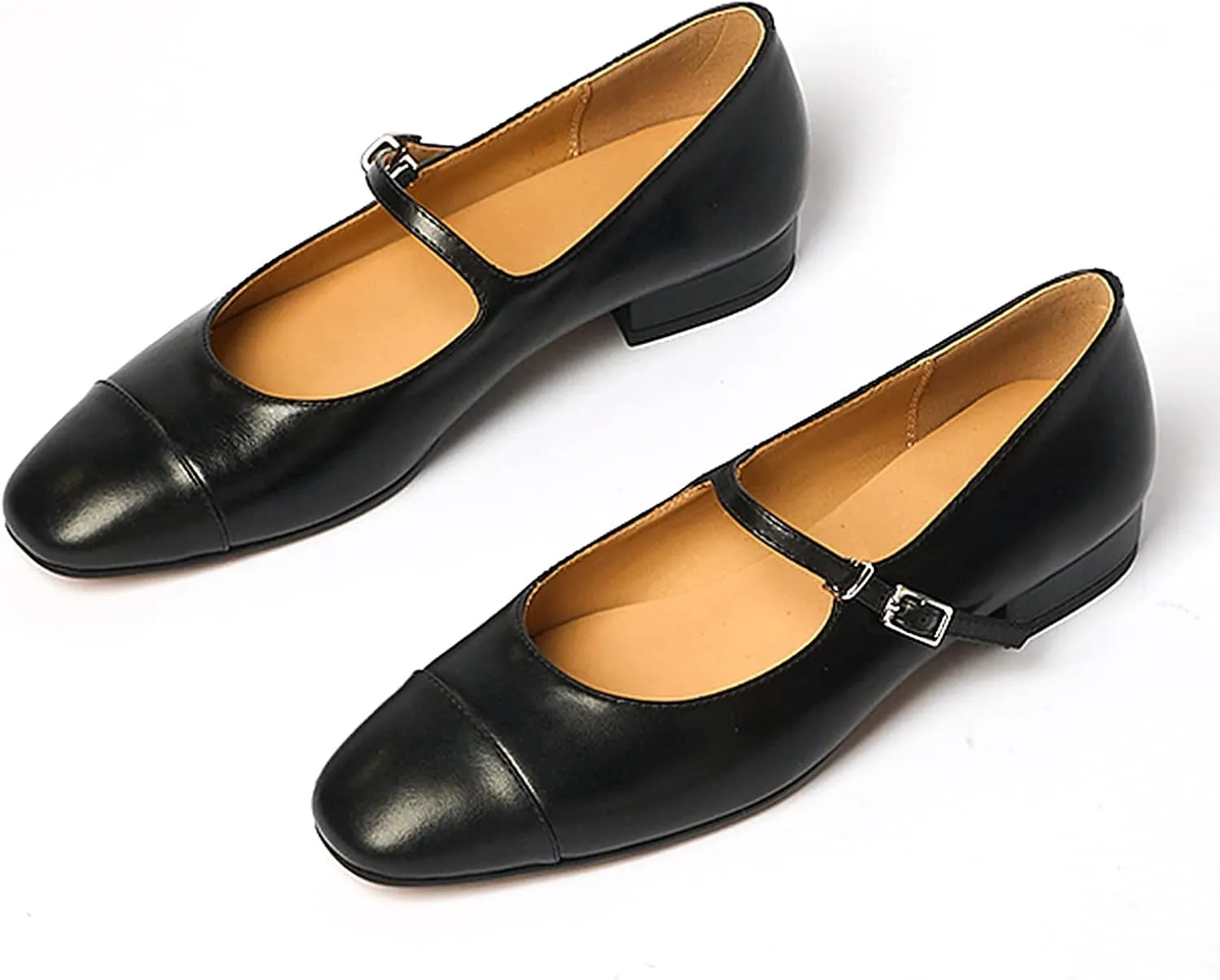 Lutalica W Women's Stylish Closed Cap Toe Matte Leather Two-Tone Instep Strap Ballet Flats Office Lady Comfort Round Toe Dress Mary Jane Flat Pumps Shoes
