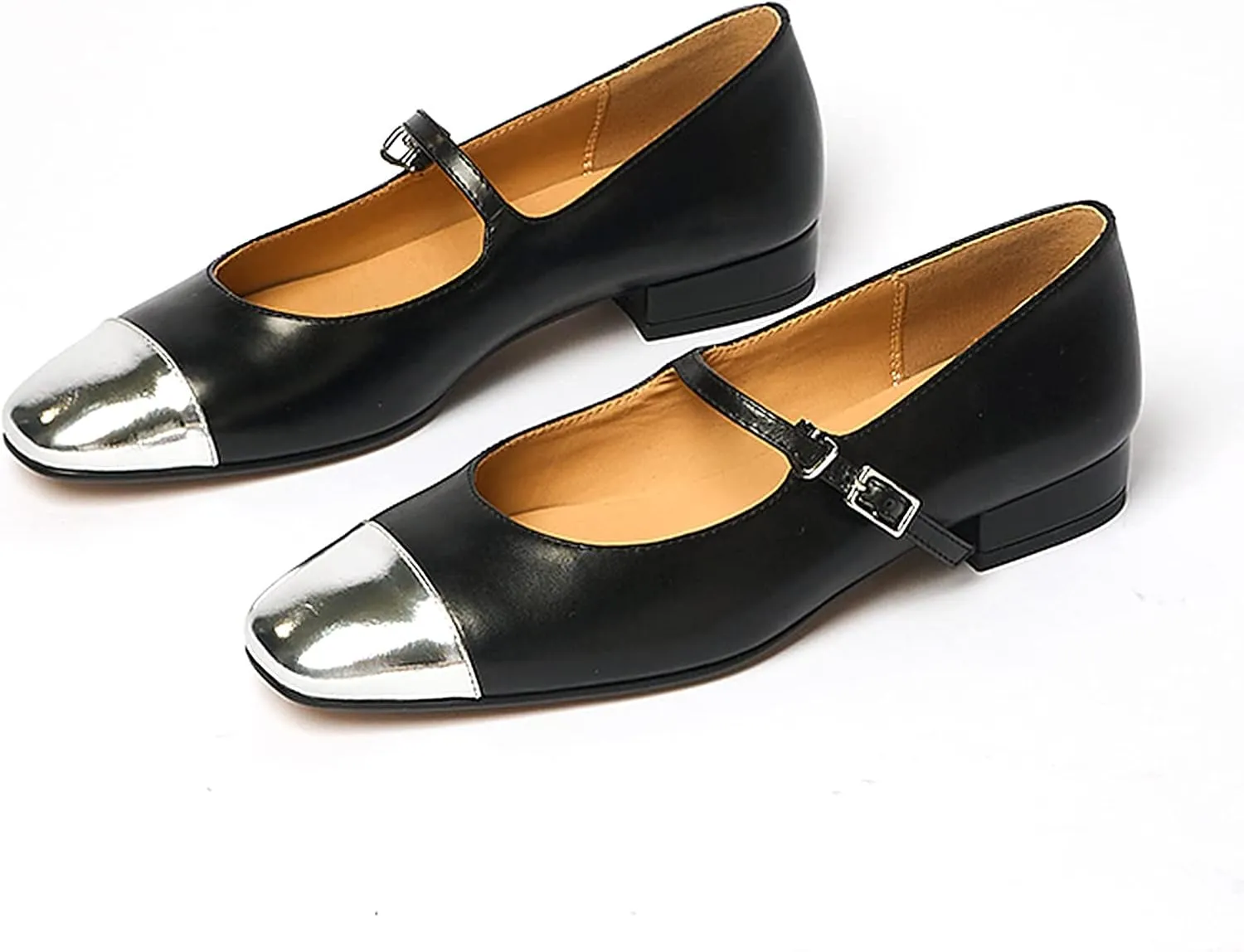 Lutalica W Women's Stylish Closed Cap Toe Matte Leather Two-Tone Instep Strap Ballet Flats Office Lady Comfort Round Toe Dress Mary Jane Flat Pumps Shoes