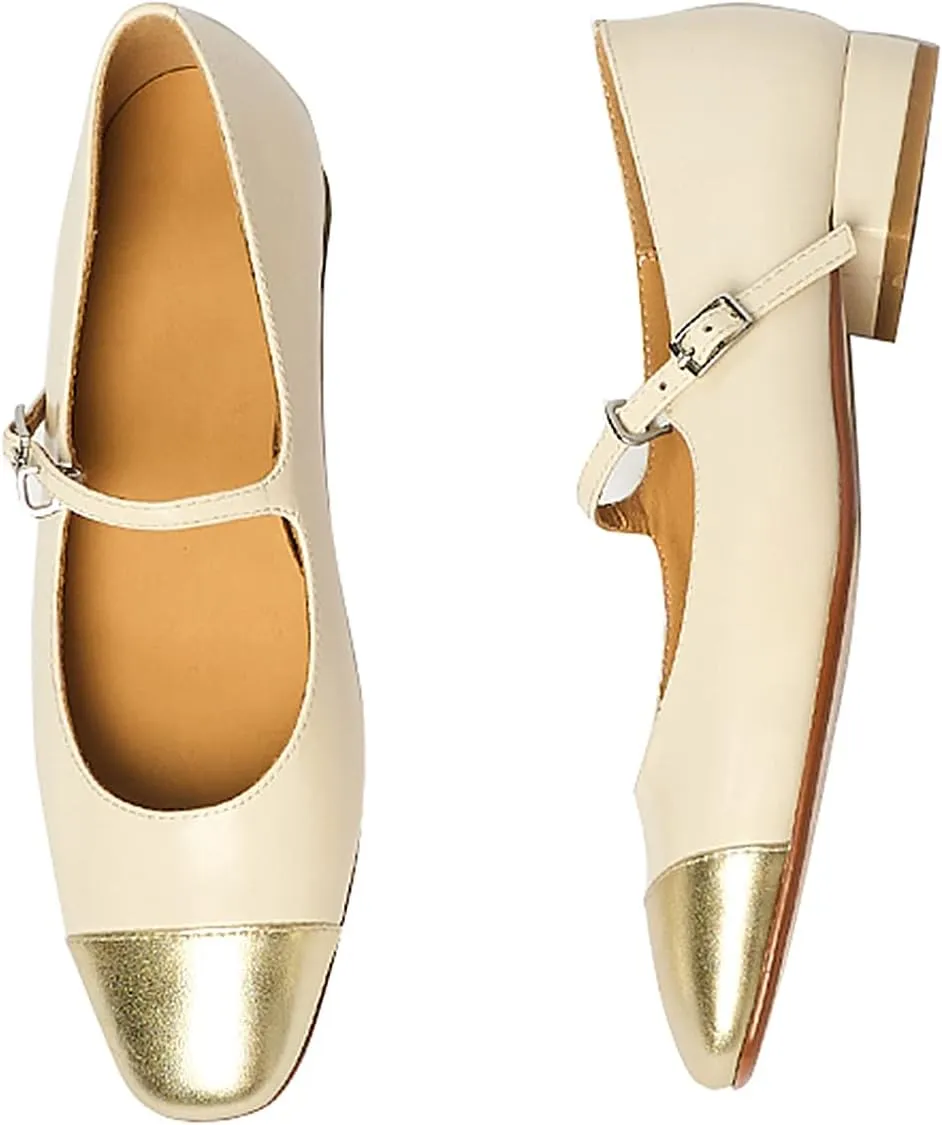 Lutalica W Women's Stylish Closed Cap Toe Matte Leather Two-Tone Instep Strap Ballet Flats Office Lady Comfort Round Toe Dress Mary Jane Flat Pumps Shoes