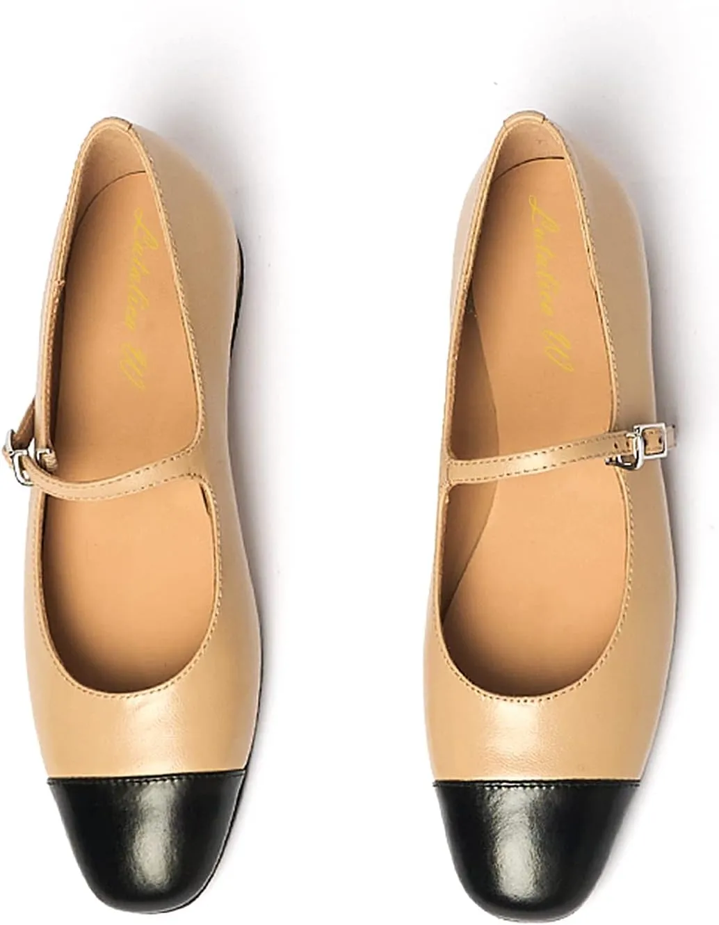 Lutalica W Women's Stylish Closed Cap Toe Matte Leather Two-Tone Instep Strap Ballet Flats Office Lady Comfort Round Toe Dress Mary Jane Flat Pumps Shoes