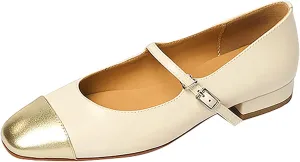 Lutalica W Women's Stylish Closed Cap Toe Matte Leather Two-Tone Instep Strap Ballet Flats Office Lady Comfort Round Toe Dress Mary Jane Flat Pumps Shoes