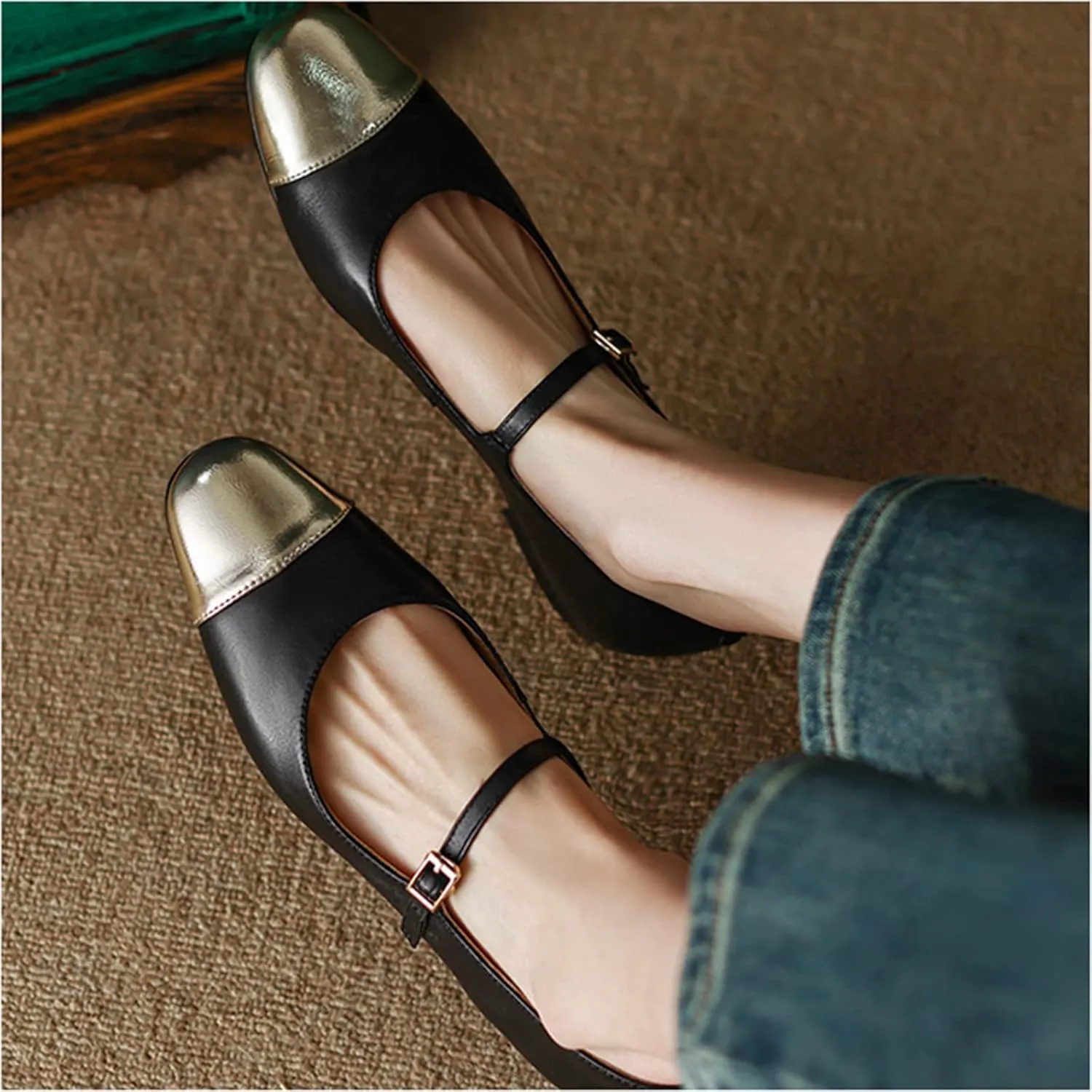 Lutalica W Women's Stylish Closed Cap Toe Matte Leather Two-Tone Instep Strap Ballet Flats Office Lady Comfort Round Toe Dress Mary Jane Flat Pumps Shoes