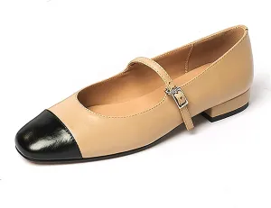 Lutalica W Women's Stylish Closed Cap Toe Matte Leather Two-Tone Instep Strap Ballet Flats Office Lady Comfort Round Toe Dress Mary Jane Flat Pumps Shoes