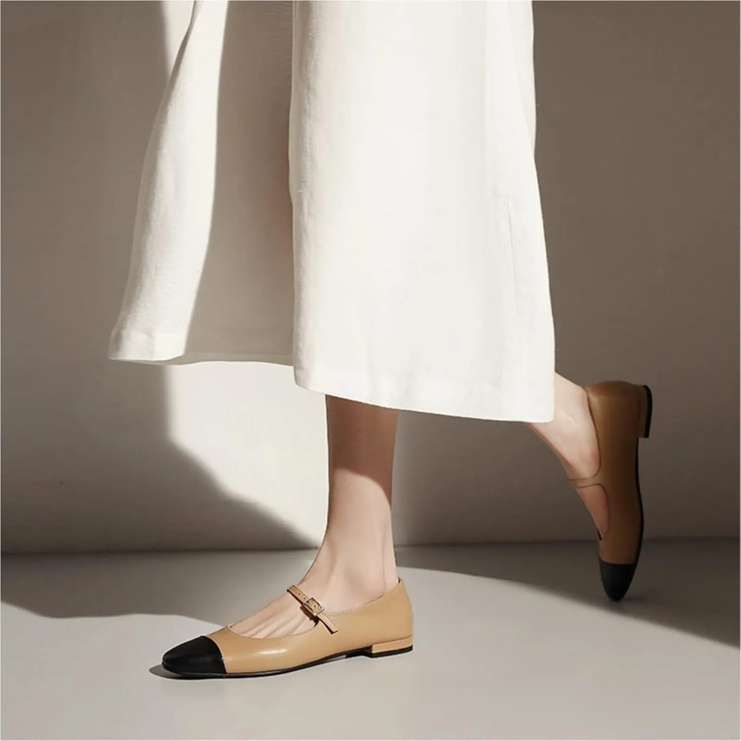 Lutalica W Women's Stylish Closed Cap Toe Matte Leather Two-Tone Instep Strap Ballet Flats Office Lady Comfort Round Toe Dress Mary Jane Flat Pumps Shoes