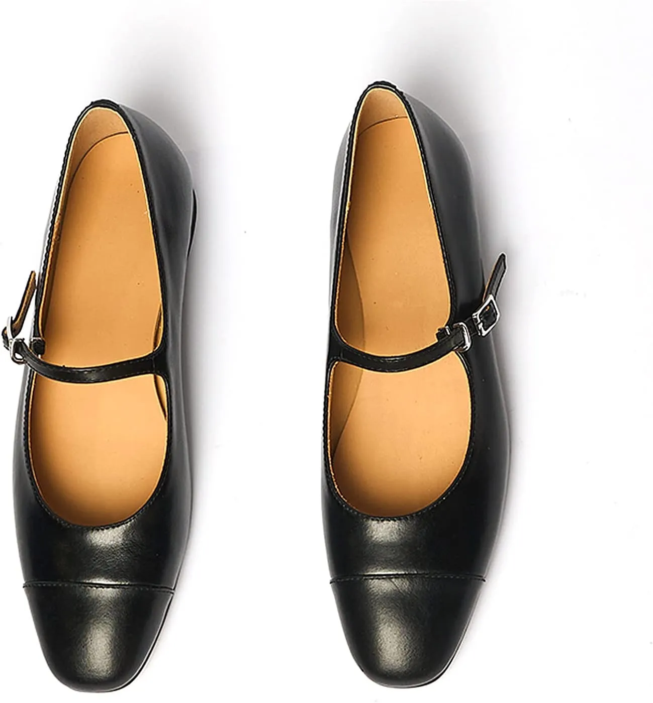 Lutalica W Women's Stylish Closed Cap Toe Matte Leather Two-Tone Instep Strap Ballet Flats Office Lady Comfort Round Toe Dress Mary Jane Flat Pumps Shoes