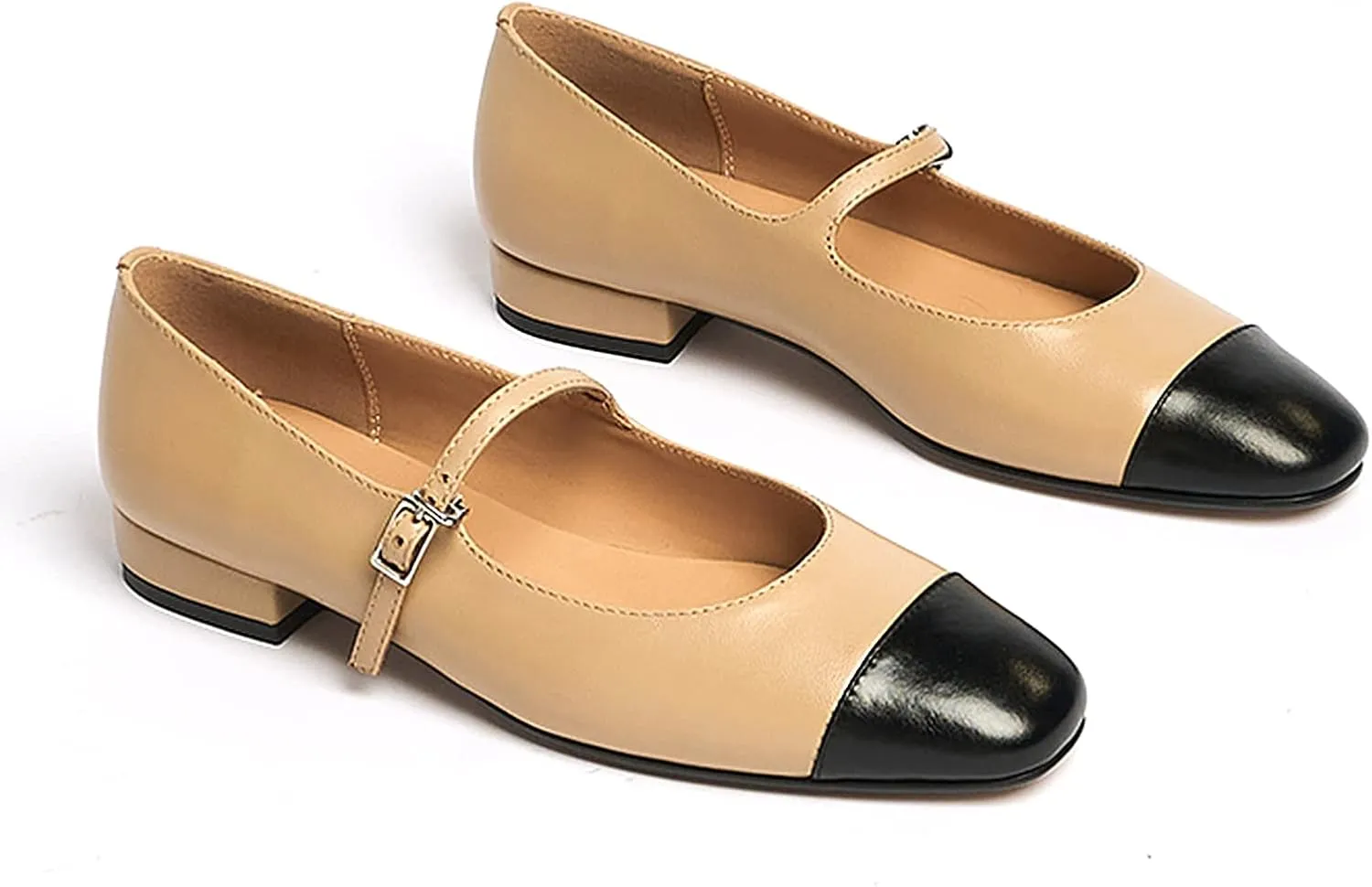 Lutalica W Women's Stylish Closed Cap Toe Matte Leather Two-Tone Instep Strap Ballet Flats Office Lady Comfort Round Toe Dress Mary Jane Flat Pumps Shoes