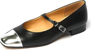 Lutalica W Women's Stylish Closed Cap Toe Matte Leather Two-Tone Instep Strap Ballet Flats Office Lady Comfort Round Toe Dress Mary Jane Flat Pumps Shoes