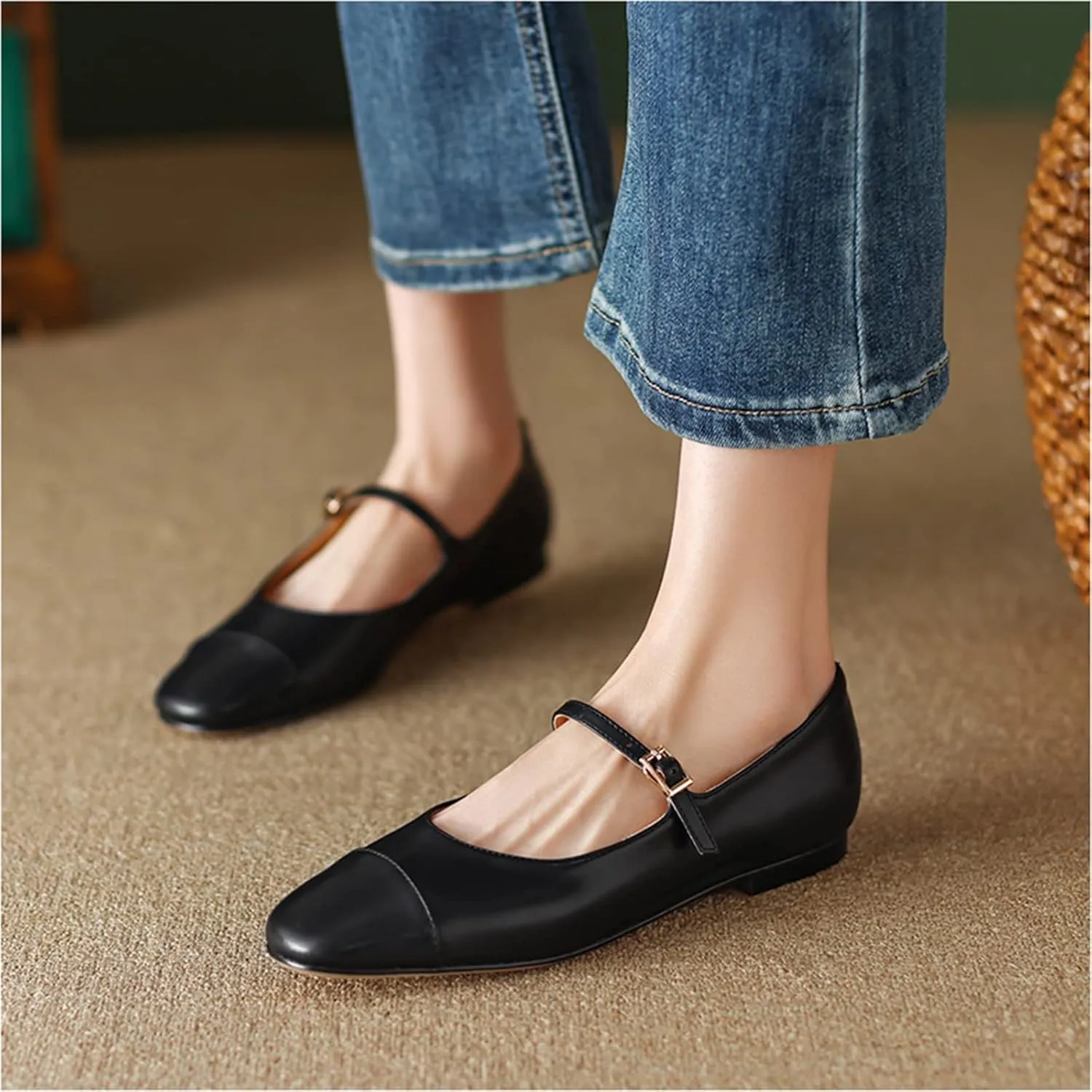 Lutalica W Women's Stylish Closed Cap Toe Matte Leather Two-Tone Instep Strap Ballet Flats Office Lady Comfort Round Toe Dress Mary Jane Flat Pumps Shoes