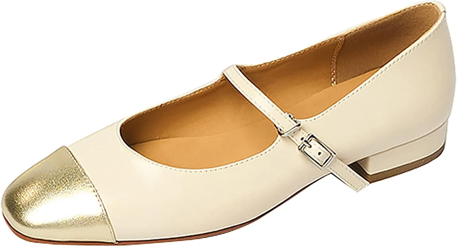Lutalica W Women's Stylish Closed Cap Toe Matte Leather Two-Tone Instep Strap Ballet Flats Office Lady Comfort Round Toe Dress Mary Jane Flat Pumps Shoes