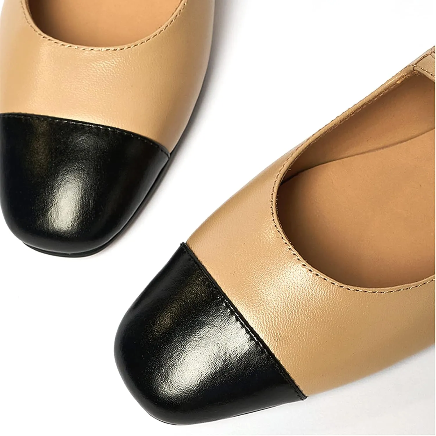 Lutalica W Women's Stylish Closed Cap Toe Matte Leather Two-Tone Instep Strap Ballet Flats Office Lady Comfort Round Toe Dress Mary Jane Flat Pumps Shoes
