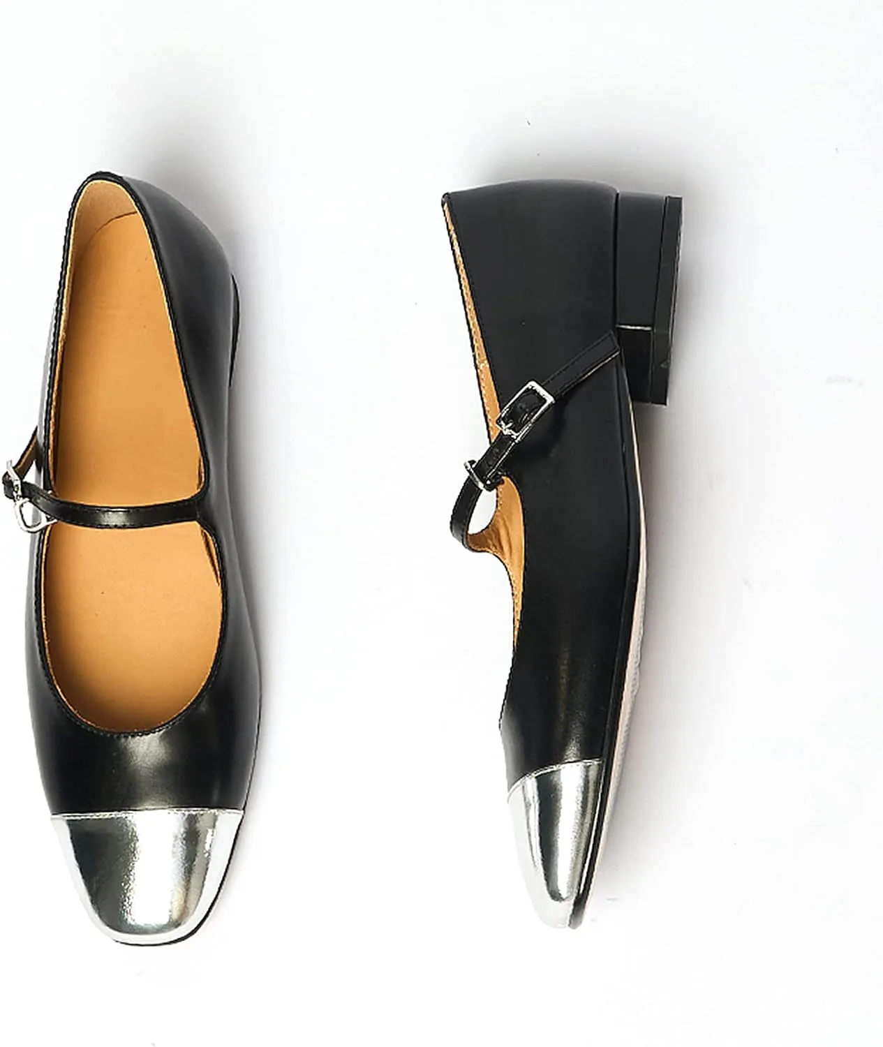 Lutalica W Women's Stylish Closed Cap Toe Matte Leather Two-Tone Instep Strap Ballet Flats Office Lady Comfort Round Toe Dress Mary Jane Flat Pumps Shoes