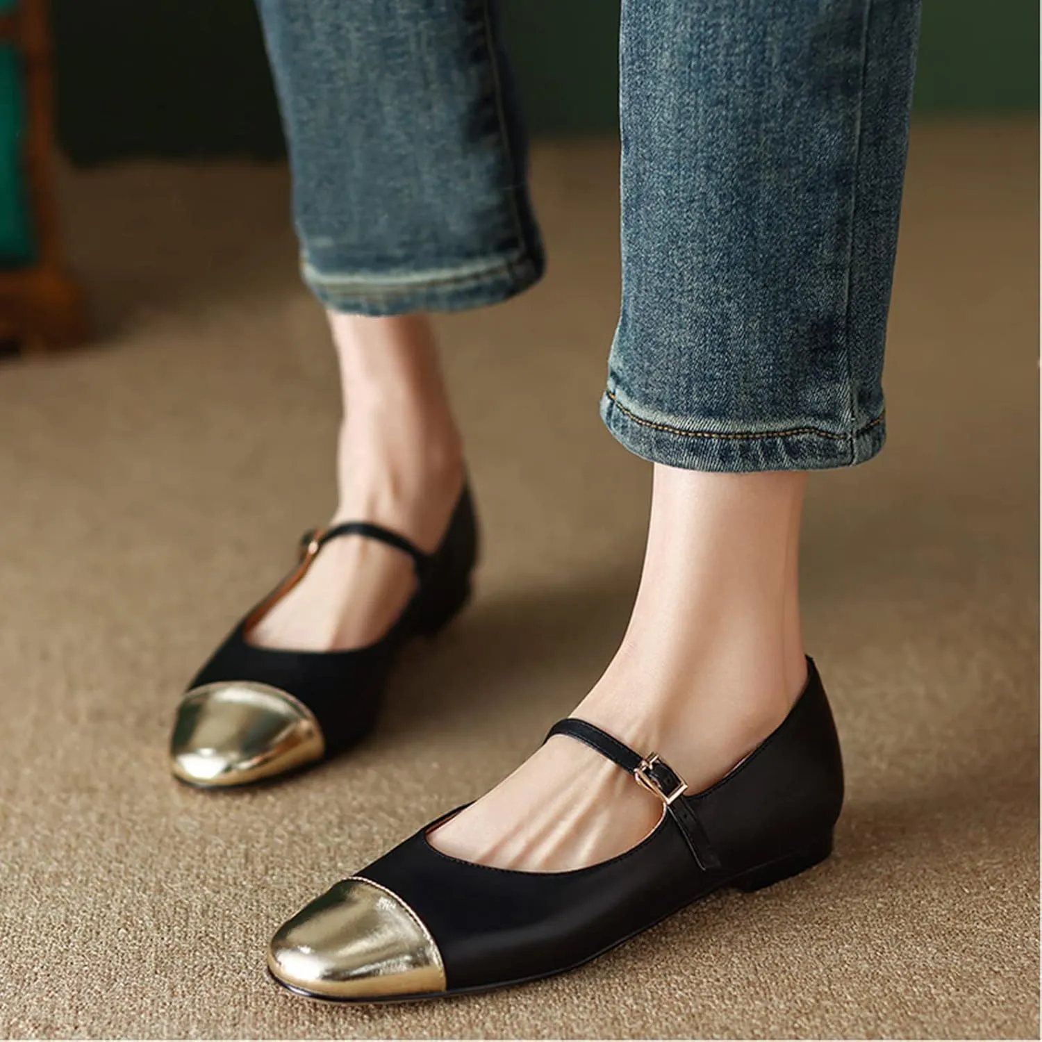 Lutalica W Women's Stylish Closed Cap Toe Matte Leather Two-Tone Instep Strap Ballet Flats Office Lady Comfort Round Toe Dress Mary Jane Flat Pumps Shoes
