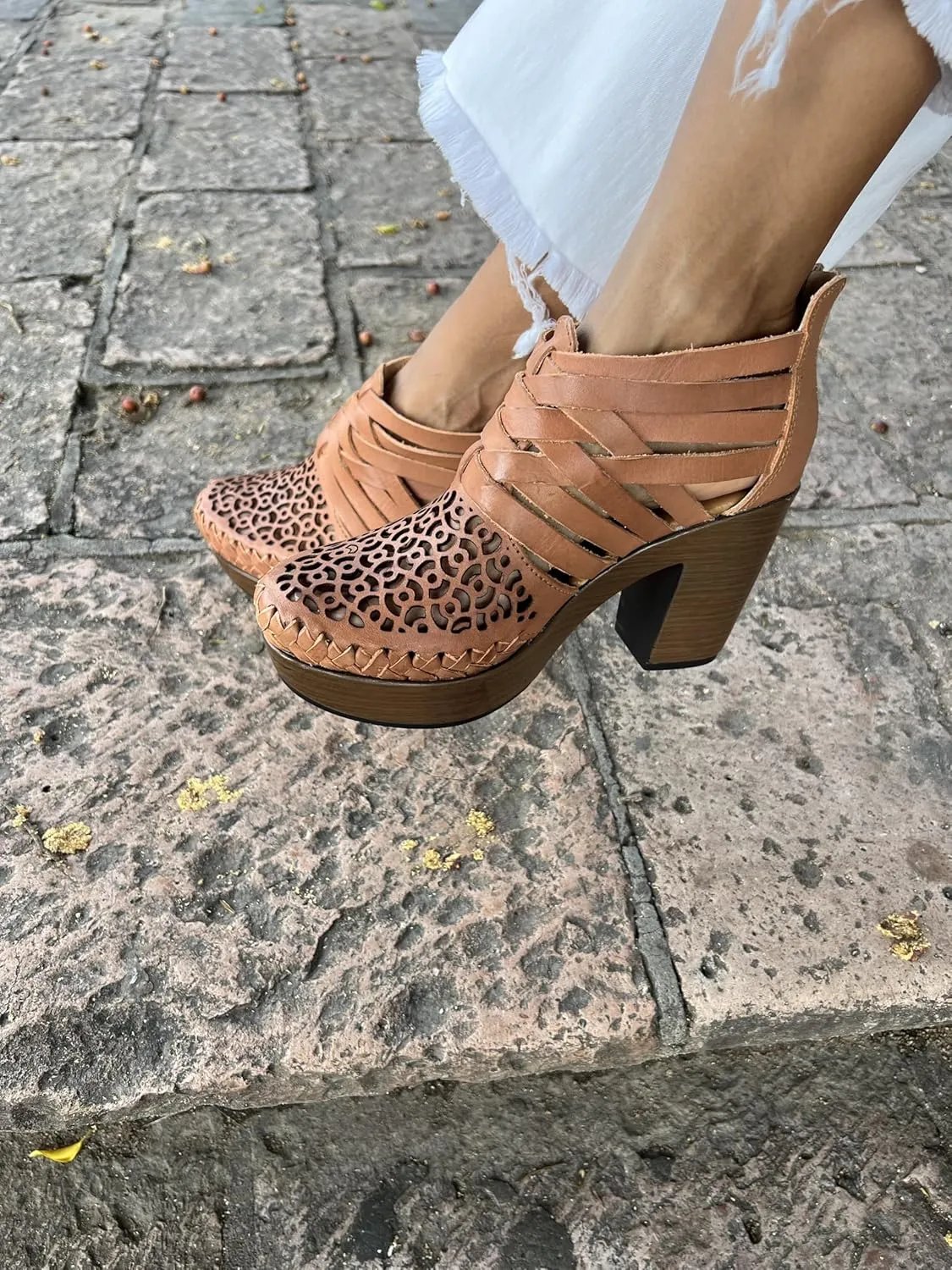 Macarena Collection Women's Flatform Wedge Casual Sandal Huarache Colorful Leather Mexican Style Handcrafted Leather Ankle Boots 4292