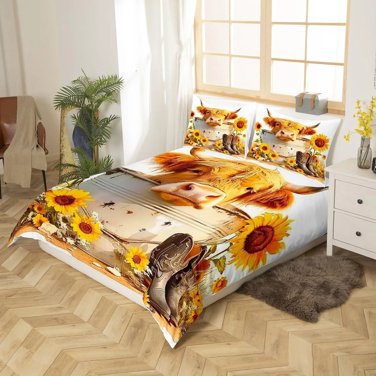 Manfei Cattle Duvet Cover Set Full Size, Yellow Sunflower Bedding Set 3pcs, Western Cowboy Boots Comforter Cover, Kids Boys Girls Room Decor, Soft Polyester Quilt Cover, 2 Pillowcases, No Comforter